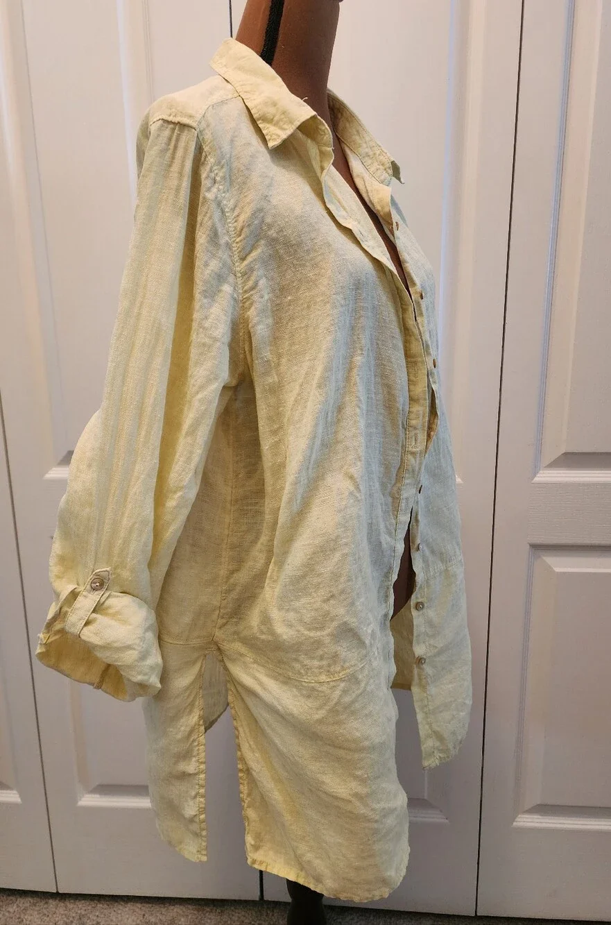 Tahari Essentials Light Yellow 100% Linen Button-Up Tunic Shirt